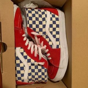 Red and blue checkered board hightop sneakers